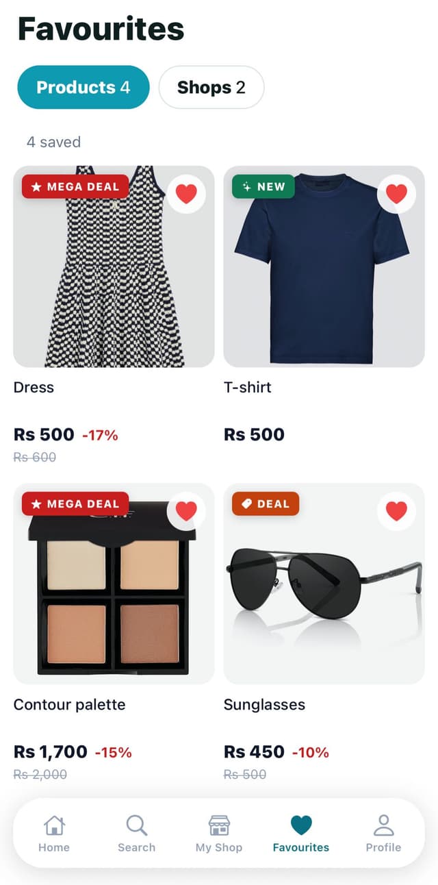Favourites screen with four saved products