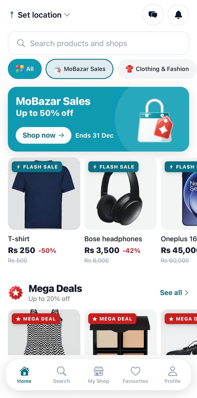 MoBazar home screen with the MoBazar Sales banner and discounted products