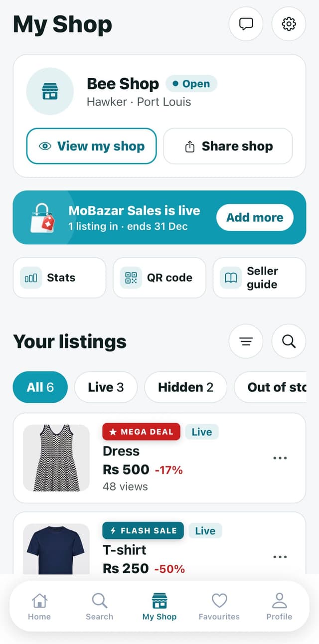 My Shop screen with the shop card, shop tools and the seller's listings