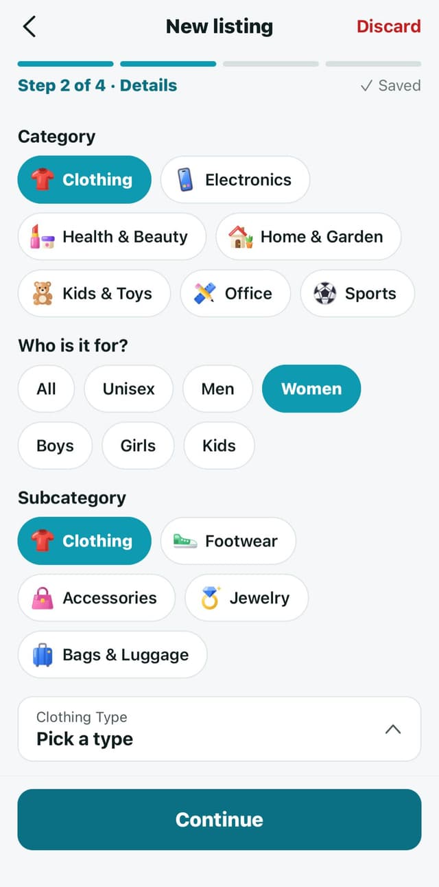 New listing, step 2 of 4, with category, who it's for and subcategory chips