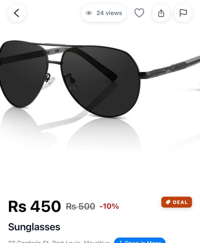 Product page for sunglasses with the photo and deal price