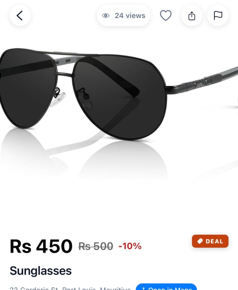 Product page for sunglasses showing the photo, the deal price and the title