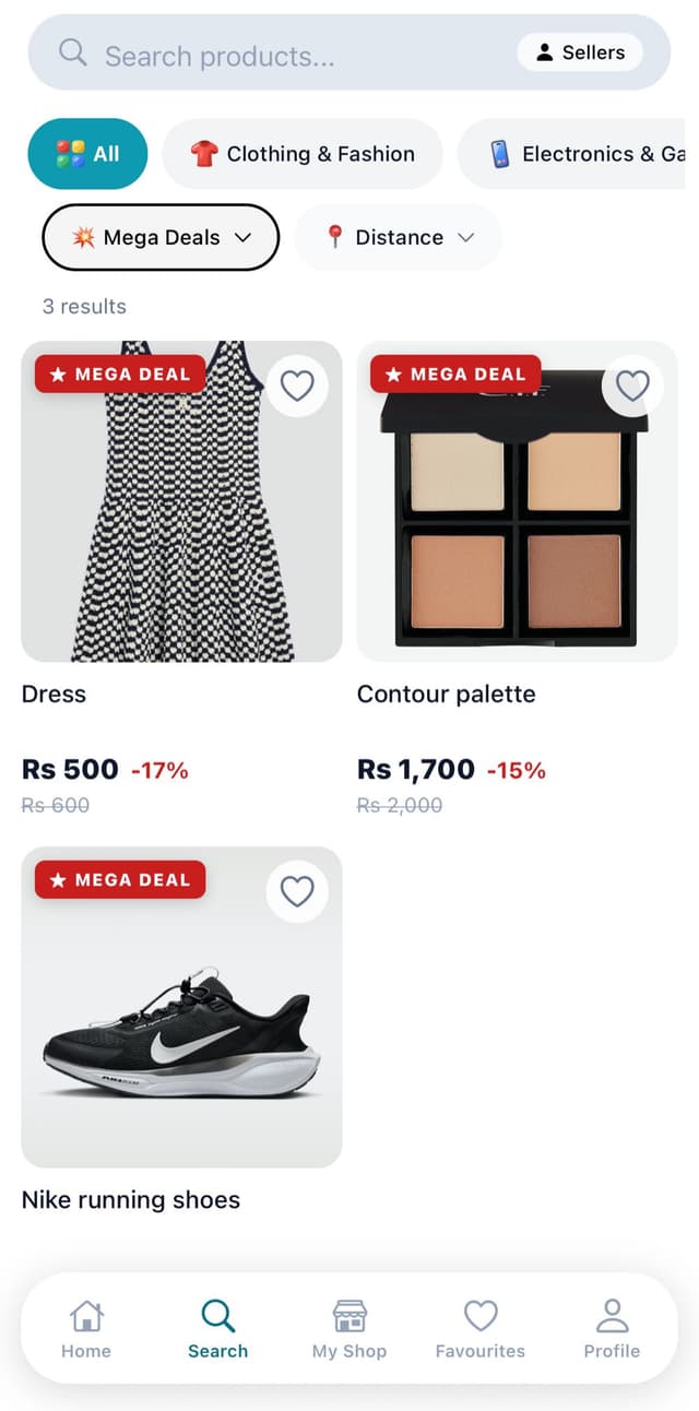 Search results with the Mega Deal filter, showing a grid of products