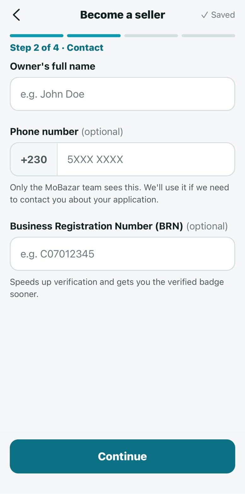 Become a seller, step 2: owner's name, an optional phone number and an optional BRN