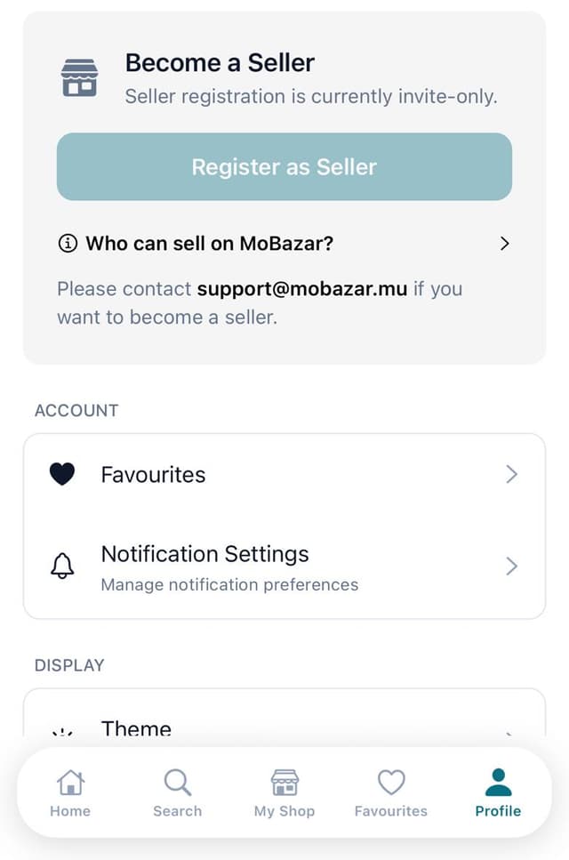 Profile screen with the Become a Seller card, the invite-only note and the support email