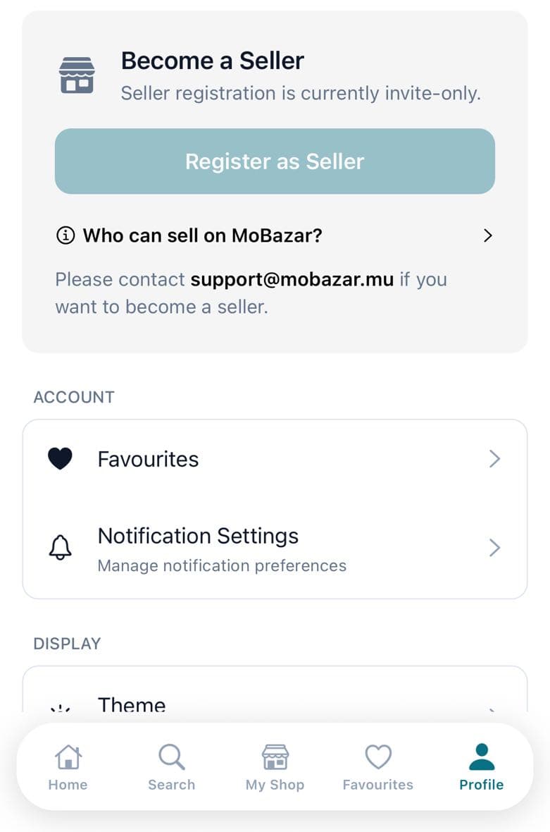 Profile screen with the Become a Seller card, the invite-only note and the support email