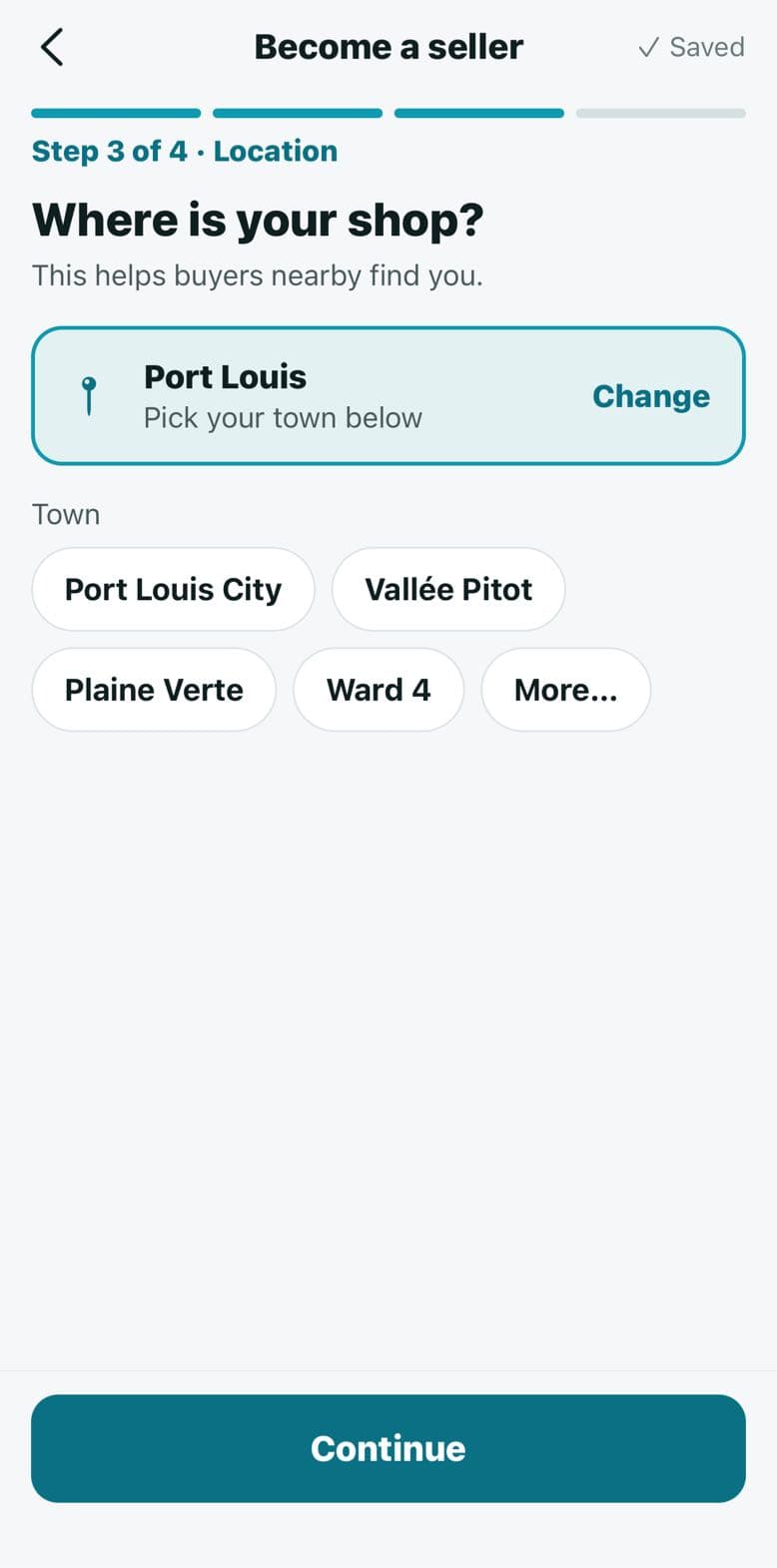 Become a seller, step 3: address search, Use my current location and region chips