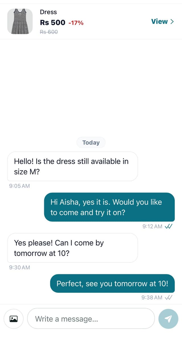 Chat where a buyer asks about a dress, with the listing pinned under the header
