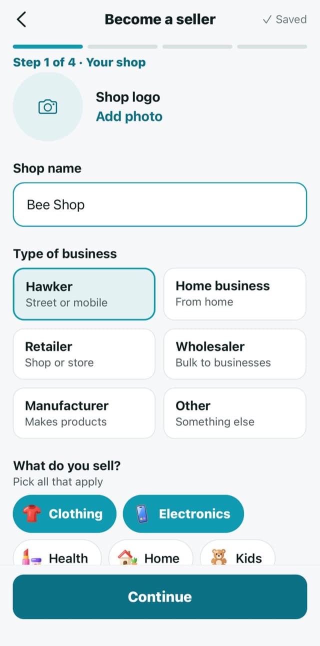 Become a seller, step 1 of 4: shop logo, shop name, type of business and what you sell