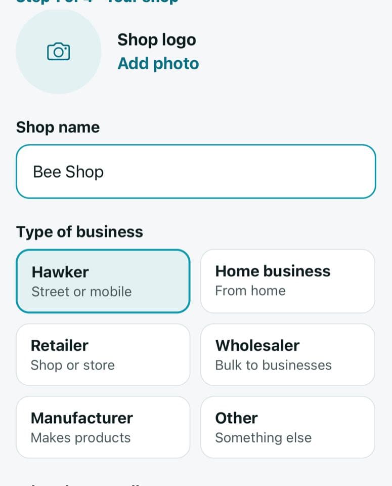 Become a seller, step 1: shop logo, shop name and type of business cards