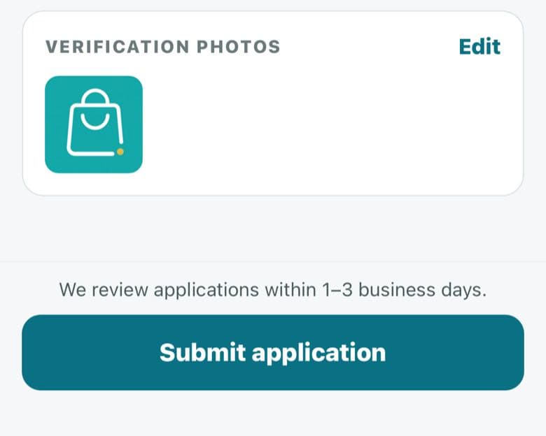 Review page with the verification photos, a note that applications are reviewed within 1 to 3 business days and the Submit application button