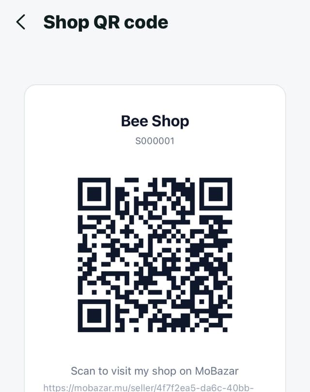 Shop QR code screen with the shop name and a scannable QR code