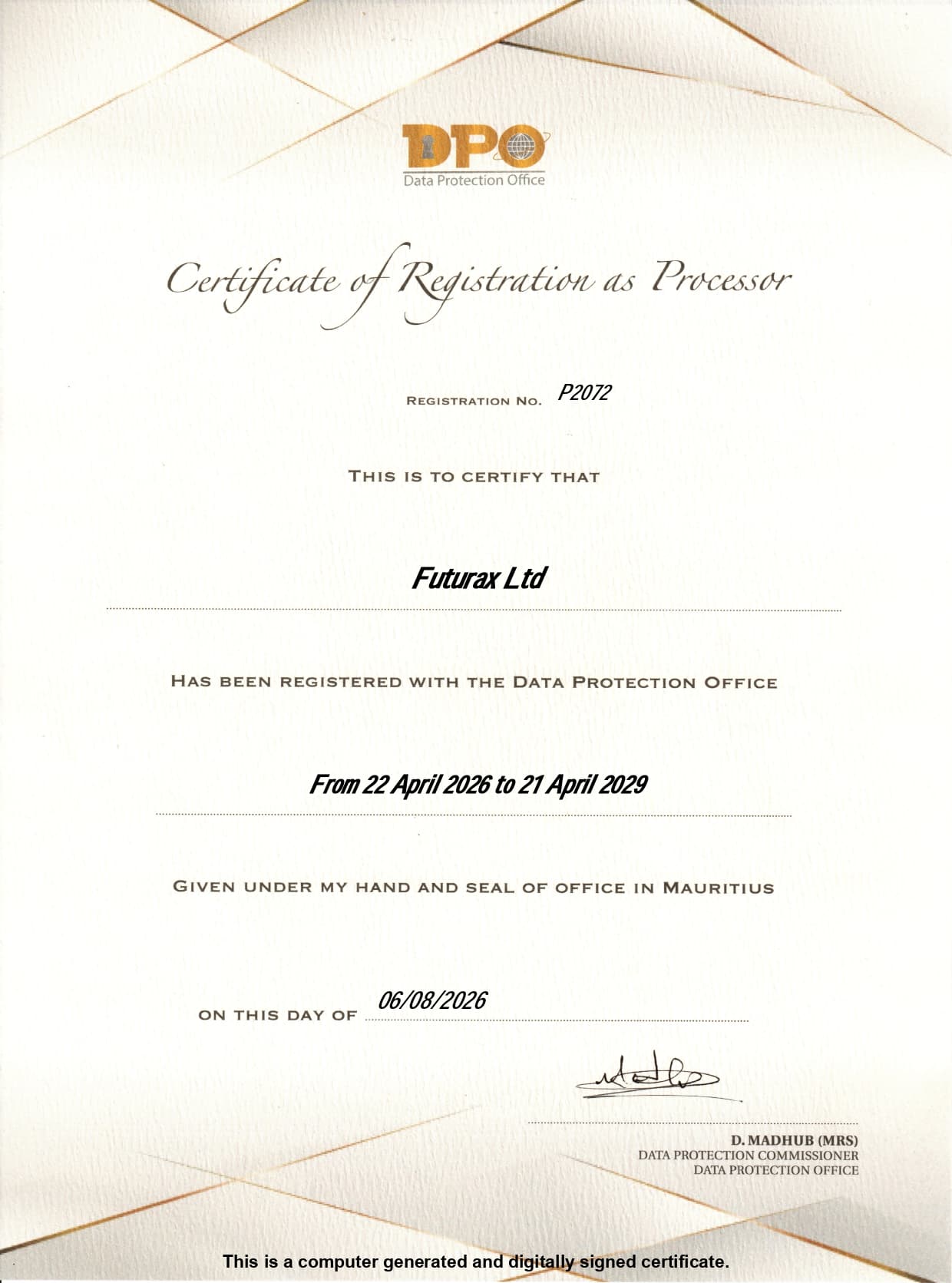 Data Processor Certificate issued by the Data Protection Office of Mauritius